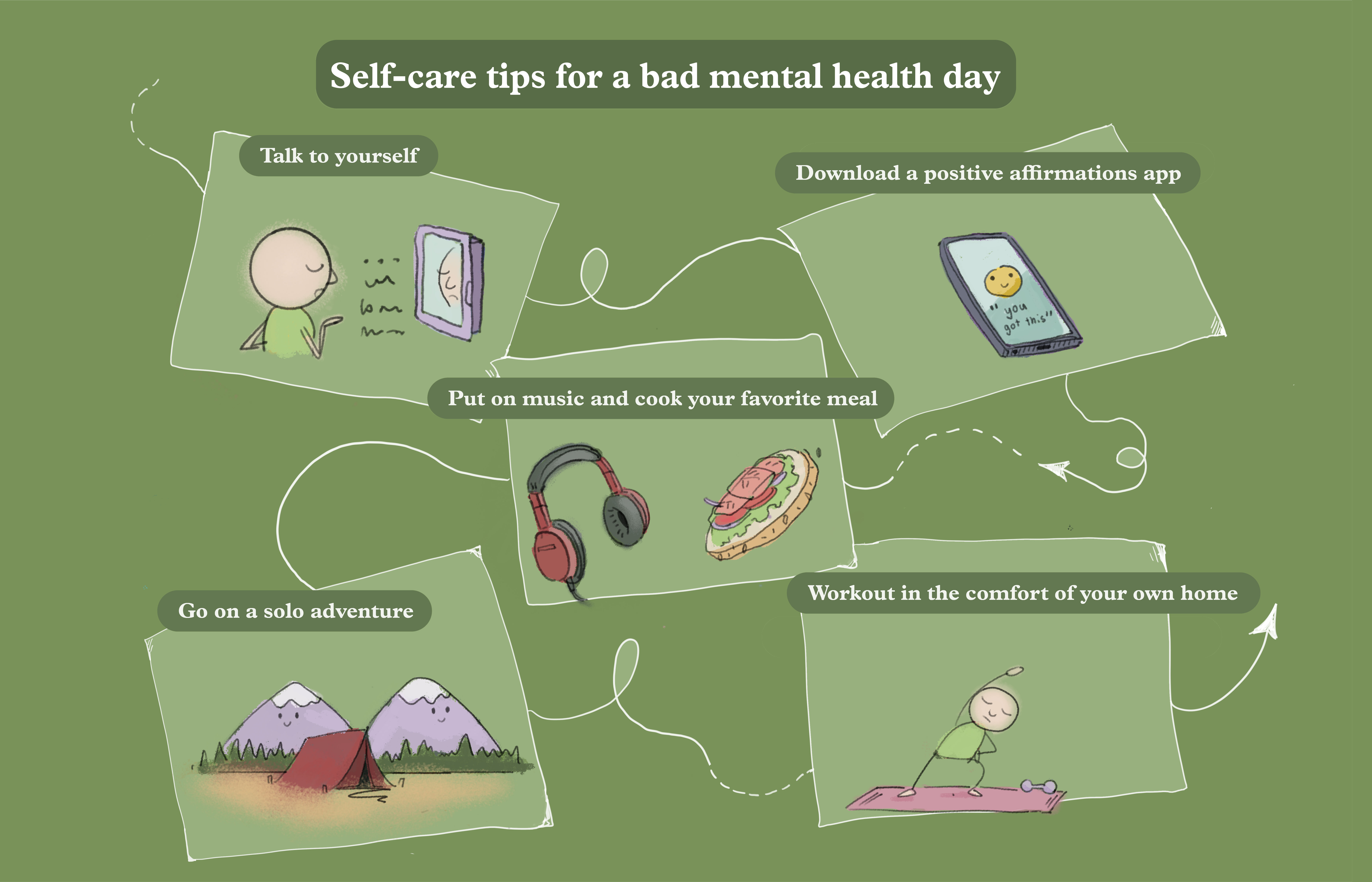 Illustration of self care tips for a bad mental health day