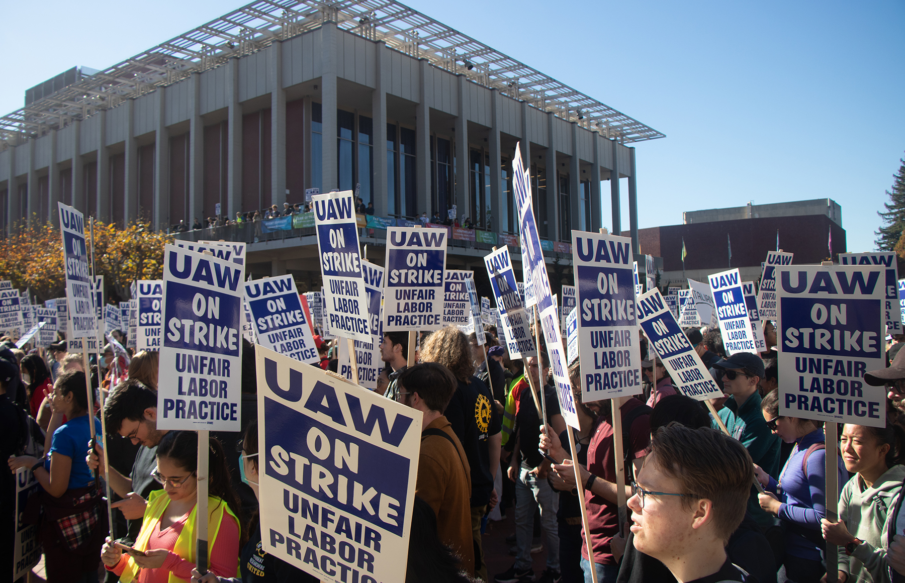 UAW graduate workers striking outside of Sproul Hall.